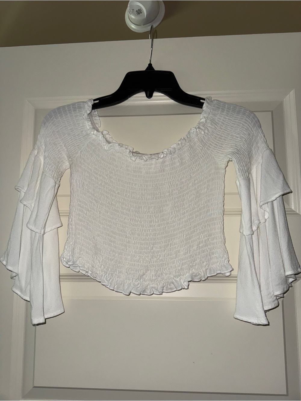 White Smocked Ruffle Bell-Sleeve Top